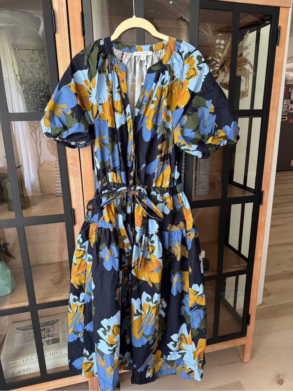 Free Assembly flora midi dress cotton short puff sleeve pockets adjustable tie - Picture 6 of 6